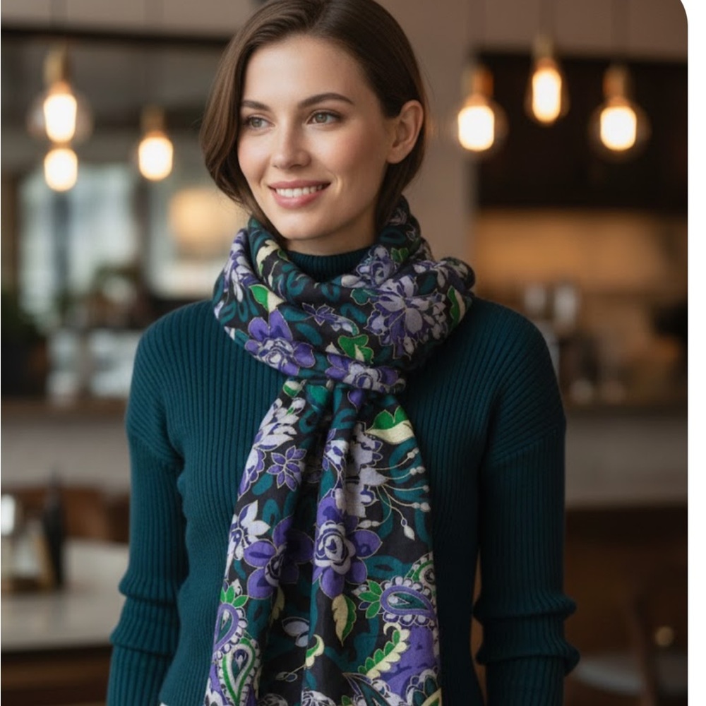 VTG 100% Wool Scarf Made in Japan - 36”x36” - Purple & Emerald Paisley‎